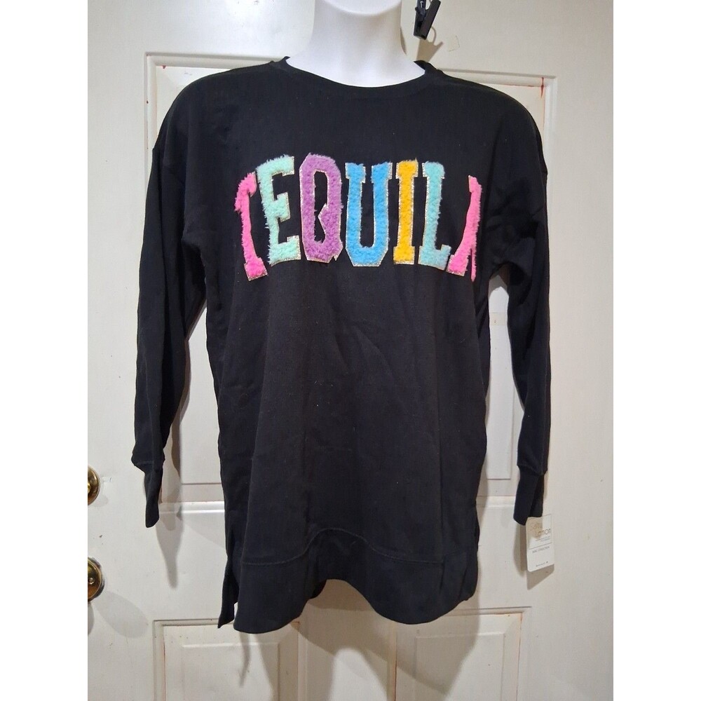 Salty Lemon Women's L Black Embroidered 'TEQUILA' Knit Sweatshirt Long Sleeve